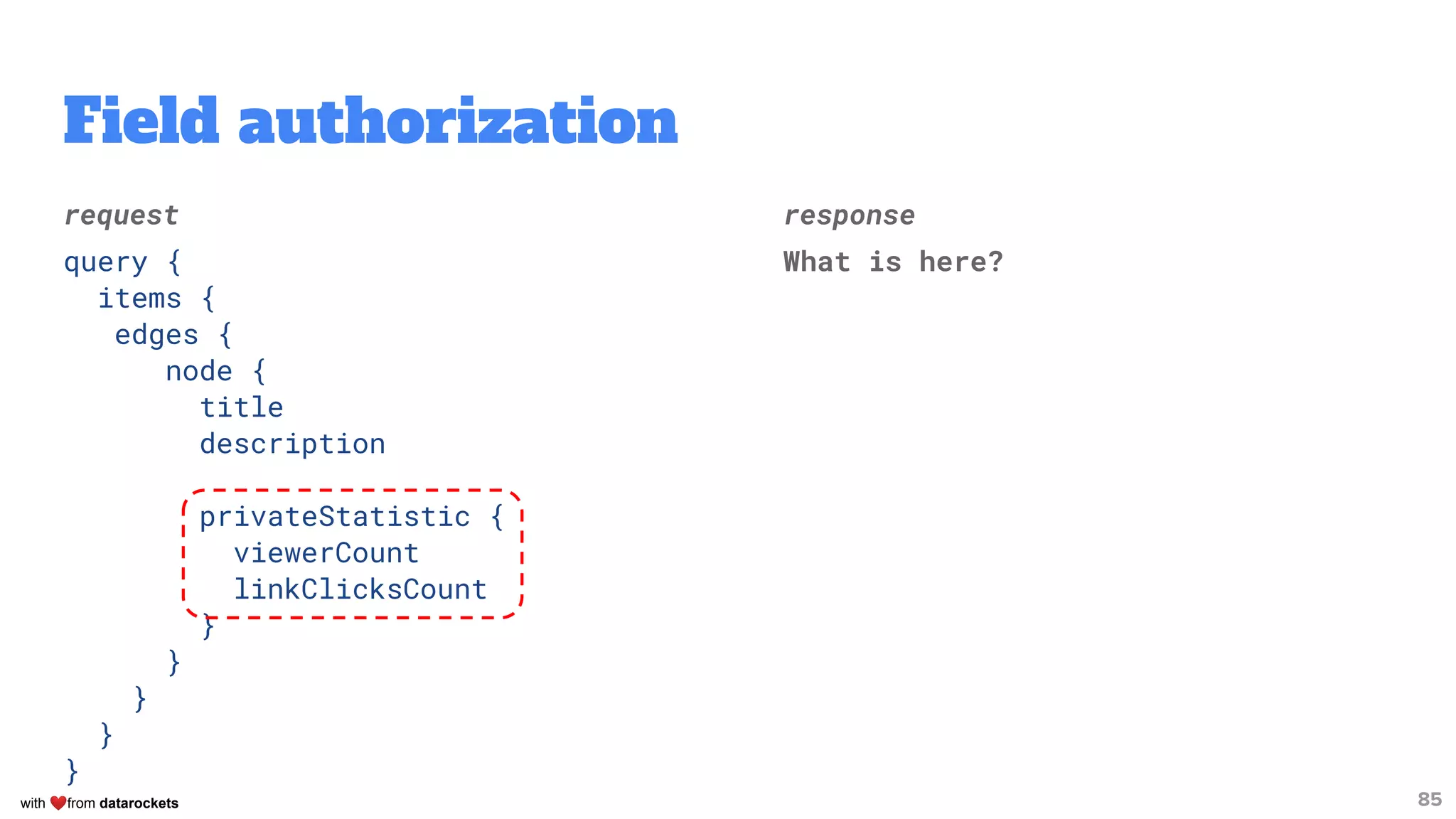 with ❤from datarockets
Field authorization
request
query {
items {
edges {
node {
title
description
privateStatistic {
viewerCount
linkClicksCount
}
}
}
}
}
85
response
What is here?
 