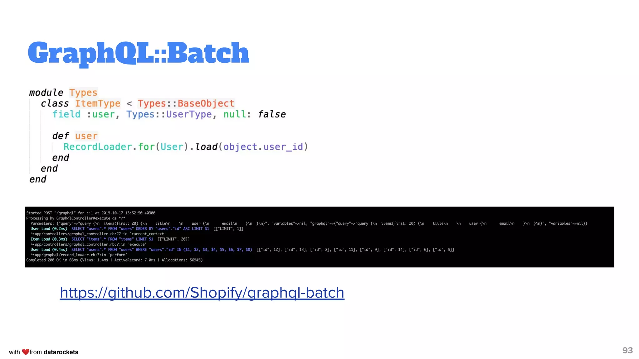 with ❤from datarockets
GraphQL::Batch
93
https://github.com/Shopify/graphql-batch
 