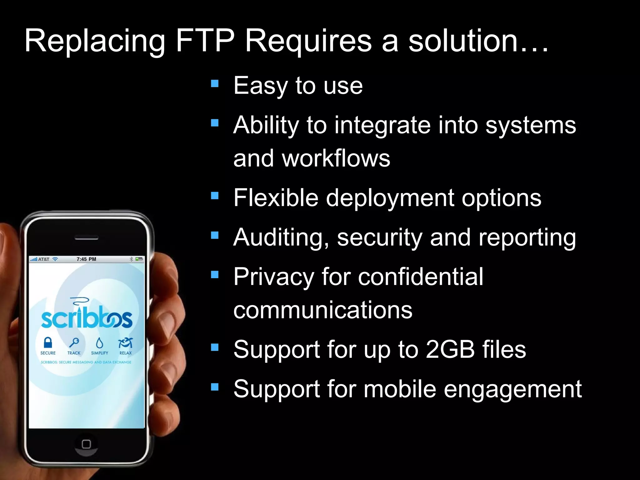 Easy to use Ability to integrate into systems and workflows Flexible deployment options Auditing, security and reporting Privacy for confidential communications Support for up to 2GB files Support for mobile engagement Replacing FTP Requires a solution… 