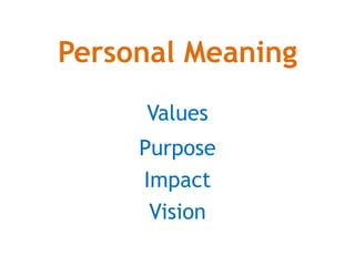 Personal Meaning
Values
Purpose
Impact
Vision
 