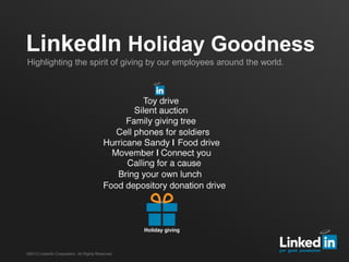 LinkedIn Holiday Goodness
Highlighting the spirit of giving by our employees around the world.




©2013 LinkedIn Corporation. All Rights Reserved.
 