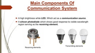 Main Components Of
Communication System
 A high brightness white LED, Which act as a communication source.
 A silicon photodiode which shows good response to visible wavelength
region serving as the receiving element.
Receiving elements
Transmitting elements
 