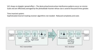 Time invariant system:
Sophisticated channel tracking receiver algorithms not needed - Reduced complexity and costs
VLC shows no doppler spread effect – The destructive/constructive interference patterns occur on micron
Scale and are effectively averaged by the photodiode receiver whose size is several thousand times greater.
 