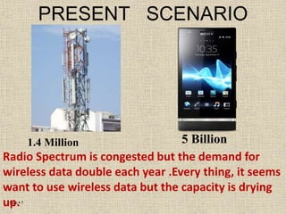 Page  7
PRESENT SCENARIO
1.4 Million 5 Billion
Radio Spectrum is congested but the demand for
wireless data double each year .Every thing, it seems
want to use wireless data but the capacity is drying
up.
 