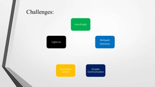 Challenges:
Line of sight
Multipath
Distortion
Simplex
Communication
Transmitter
sources
Lights on
 