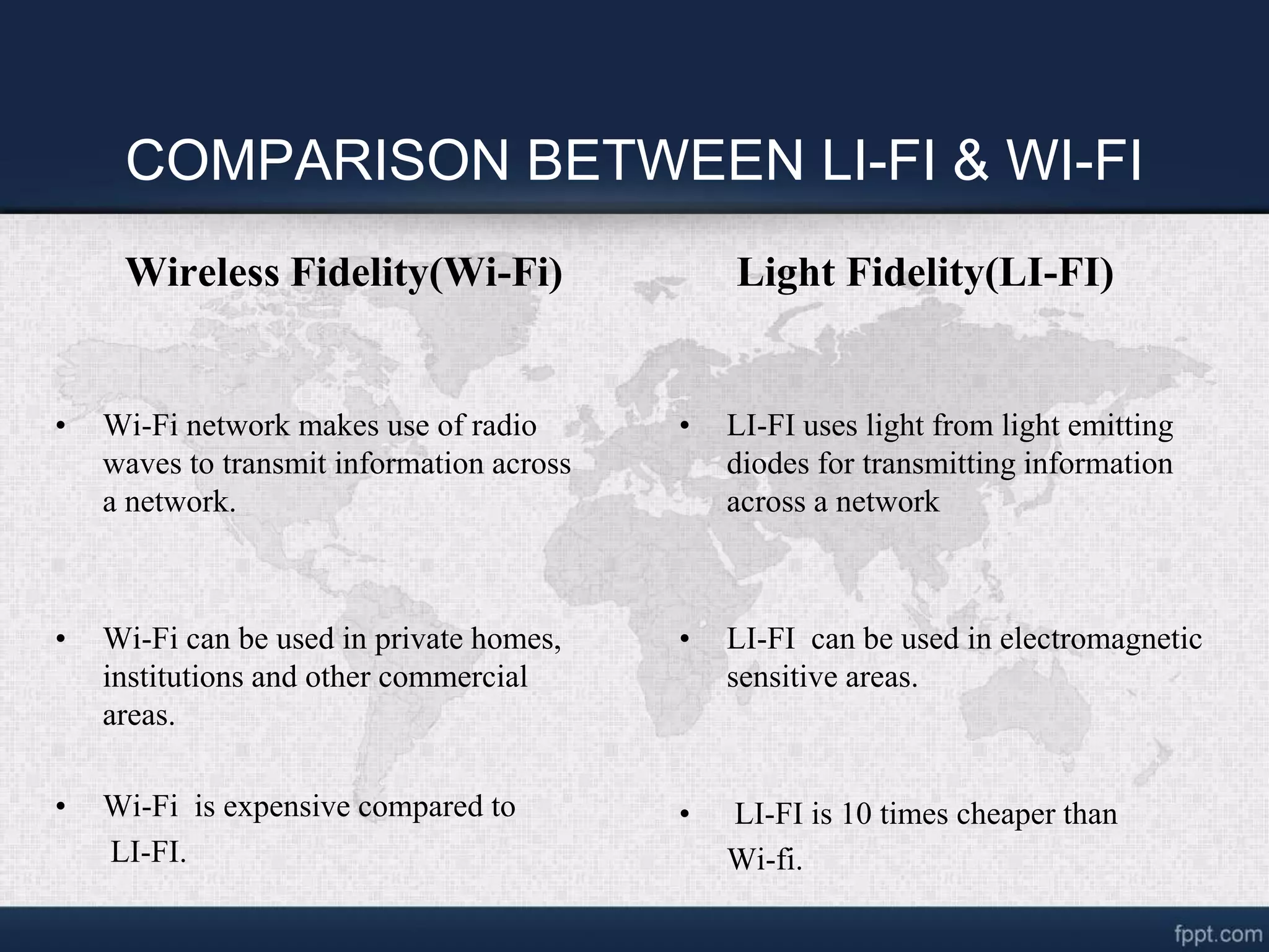 COMPARISON BETWEEN LI-FI & WI-FI
Wireless Fidelity(Wi-Fi)
• Wi-Fi network makes use of radio
waves to transmit information across
a network.
• Wi-Fi can be used in private homes,
institutions and other commercial
areas.
• Wi-Fi is expensive compared to
LI-FI.
Light Fidelity(LI-FI)
• LI-FI uses light from light emitting
diodes for transmitting information
across a network
• LI-FI can be used in electromagnetic
sensitive areas.
• LI-FI is 10 times cheaper than
Wi-fi.
 