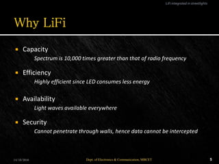  Capacity
Spectrum is 10,000 times greater than that of radio frequency
 Efficiency
Highly efficient since LED consumes less energy
 Availability
Light waves available everywhere
 Security
Cannot penetrate through walls, hence data cannot be intercepted
14/10/2016 5Dept. of Electronics & Communication, MBCET
LiFi integrated in streetlights
 