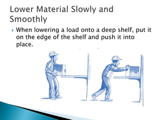  When lowering a load onto a deep shelf, put it
on the edge of the shelf and push it into
place.
 