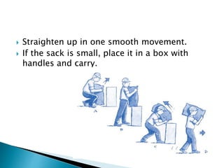  Straighten up in one smooth movement.
 If the sack is small, place it in a box with
handles and carry.
 