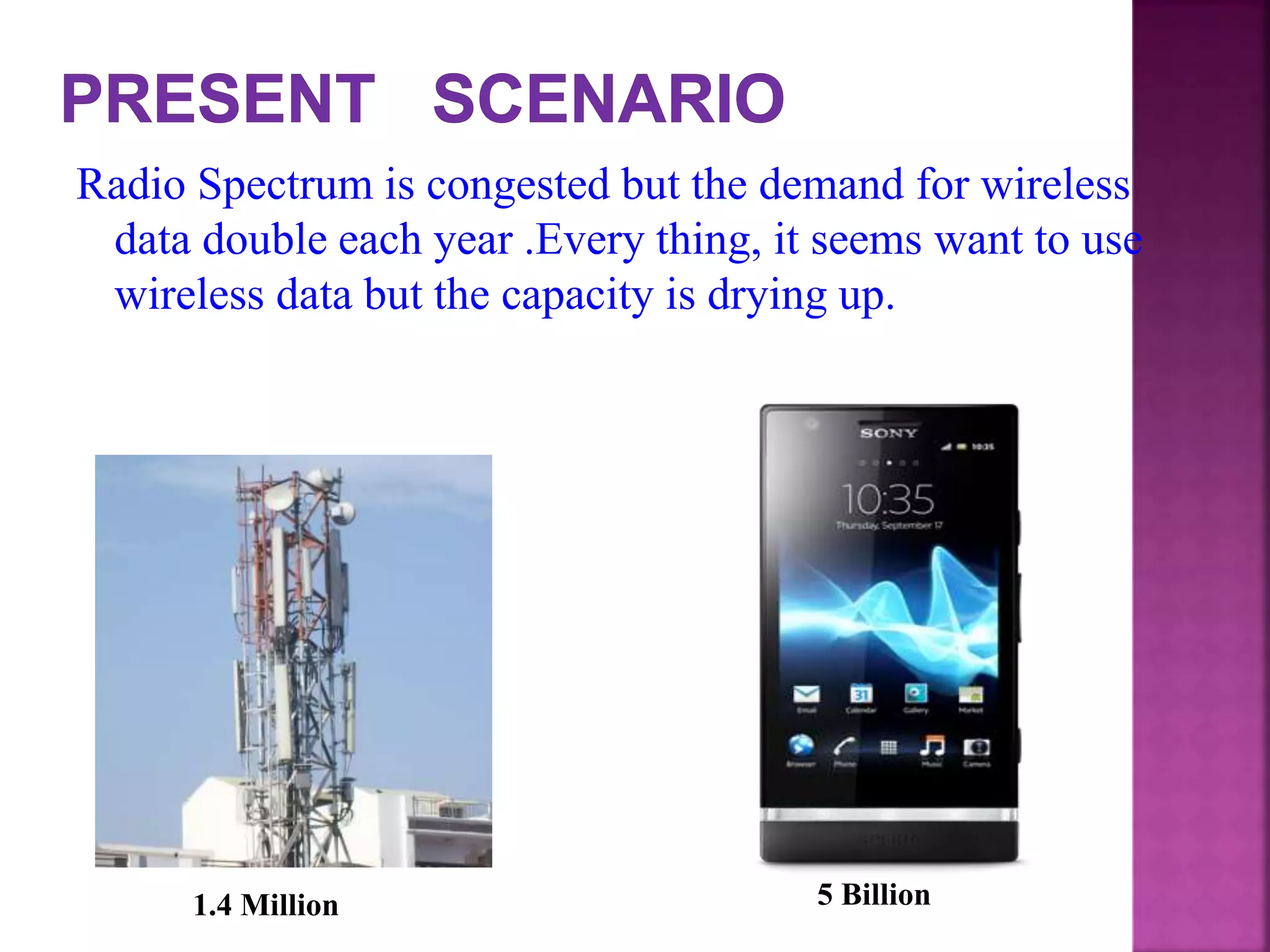 Radio Spectrum is congested but the demand for wireless
data double each year .Every thing, it seems want to use
wireless data but the capacity is drying up.
1.4 Million 5 Billion
 