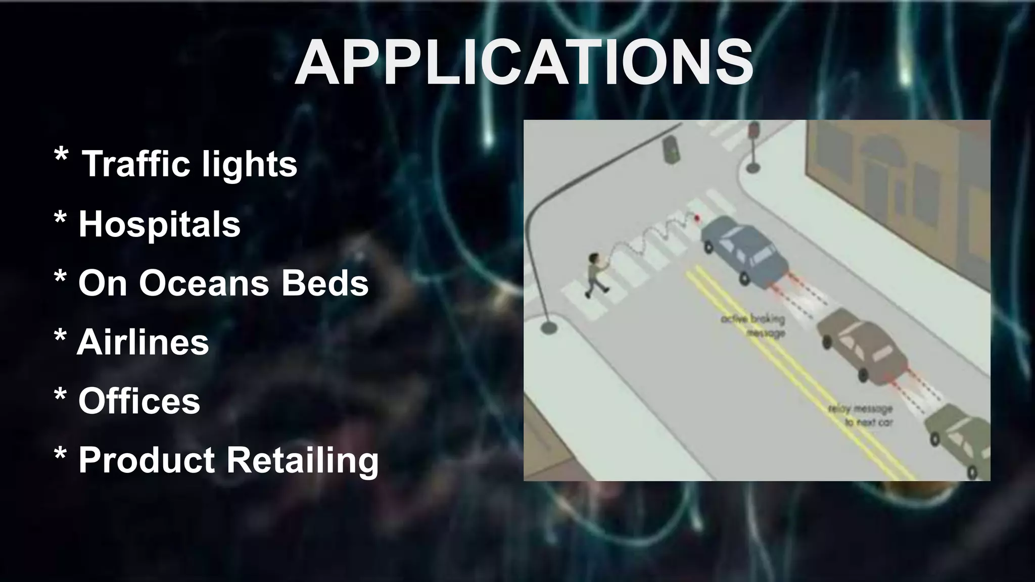 APPLICATIONS
* Traffic lights
* Hospitals
* On Oceans Beds
* Airlines
* Offices
* Product Retailing
 