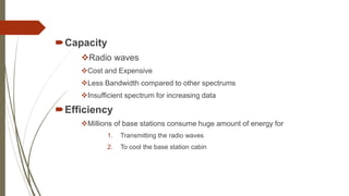 Capacity
Radio waves
Cost and Expensive
Less Bandwidth compared to other spectrums
Insufficient spectrum for increasing data
Efficiency
Millions of base stations consume huge amount of energy for
1. Transmitting the radio waves
2. To cool the base station cabin
 