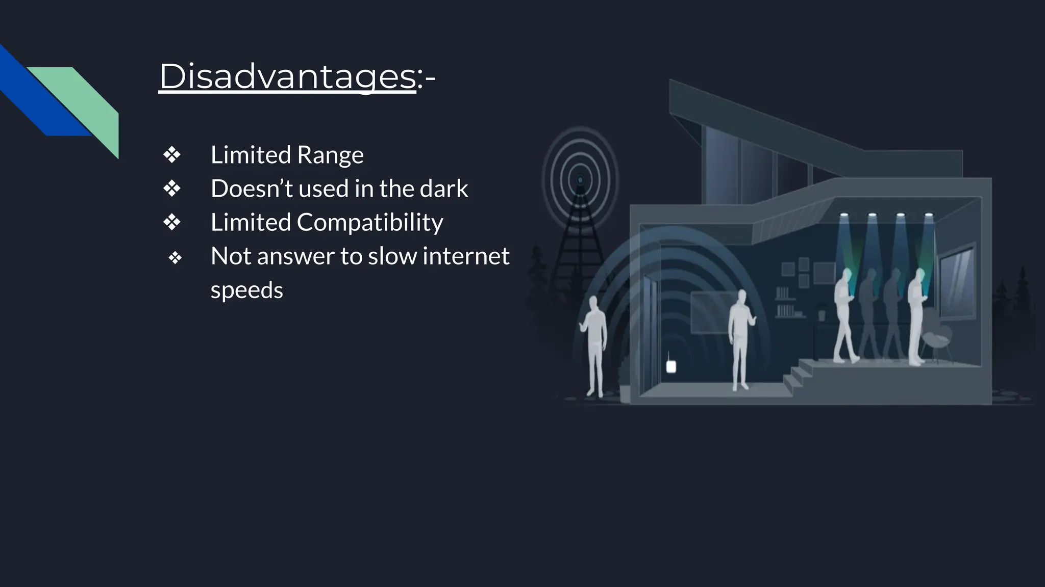 Disadvantages:-
❖ Limited Range
❖ Doesn’t used in the dark
❖ Limited Compatibility
❖ Not answer to slow internet
speeds
 