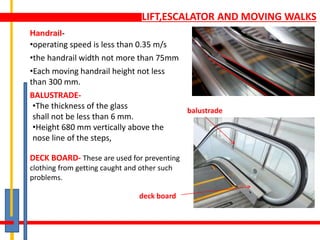 LIFT,ESCALATOR AND MOVING WALKS
Handrail-
•the handrail width not more than 75mm
BALUSTRADE-
DECK BOARD- These are used for preventing
clothing from getting caught and other such
problems.
balustrade
deck board
•operating speed is less than 0.35 m/s
•The thickness of the glass
shall not be less than 6 mm.
•Height 680 mm vertically above the
nose line of the steps,
•Each moving handrail height not less
than 300 mm.
 