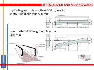 LIFT,ESCALATOR AND MOVING WALKS
•normal handrail height not less than
300 mm
•operating speed is less than 0.35 m/s or the
width is no more than 530 mm.
 