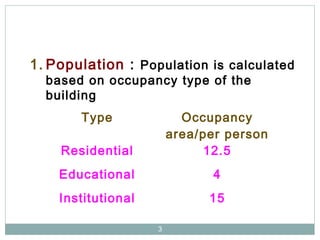 3
1. Population : Population is calculated
based on occupancy type of the
building
Type Occupancy
area/per person
Residential 12.5
Educational 4
Institutional 15
 