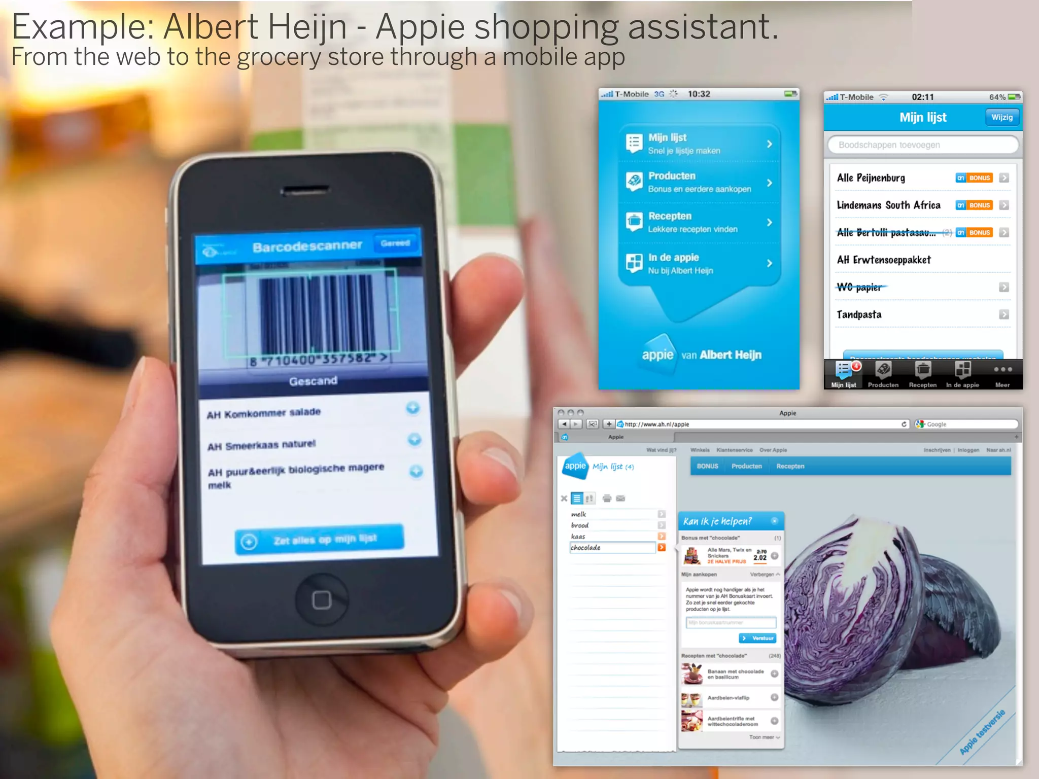 Example: Albert Heijn - Appie shopping assistant.
From the web to the grocery store through a mobile app
 