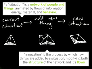 *a “situation” is a network of people and
things, animated by ﬂows of information,
     energy, material, and behavior.




             “innovation” is the process by which new
          things are added to a situation, modifying both
            the structure of the network and it’s ﬂows
 