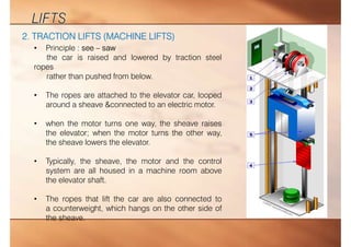 2. TRACTION LIFTS (MACHINE LIFTS)
• Principle : see – saw
the car is raised and lowered by traction steel
ropes
rather than pushed from below.
• The ropes are attached to the elevator car, looped
around a sheave &connected to an electric motor.
• when the motor turns one way, the sheave raises
the elevator; when the motor turns the other way,
the sheave lowers the elevator.
• Typically, the sheave, the motor and the control
system are all housed in a machine room above
the elevator shaft.
• The ropes that lift the car are also connected to
a counterweight, which hangs on the other side of
the sheave.
 