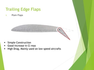 Trailing Edge Flaps
1. Plain Flaps
 Simple Construction
 Good increase in Cl max
 High Drag, Mainly used on low speed aircrafts
 