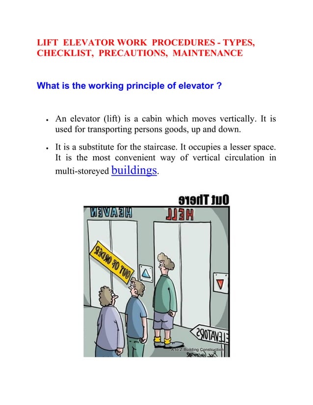 Lift elevator work procedures types, checklist, precautions, maintenance