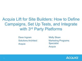 1
Acquia Lift for Site Builders: How to Define
Campaigns, Set Up Tests, and Integrate
with 3rd Party Platforms
Dave Ingram
Solutions Architect
Acquia
Molly Sloan
Marketing Programs
Specialist
Acquia
 
