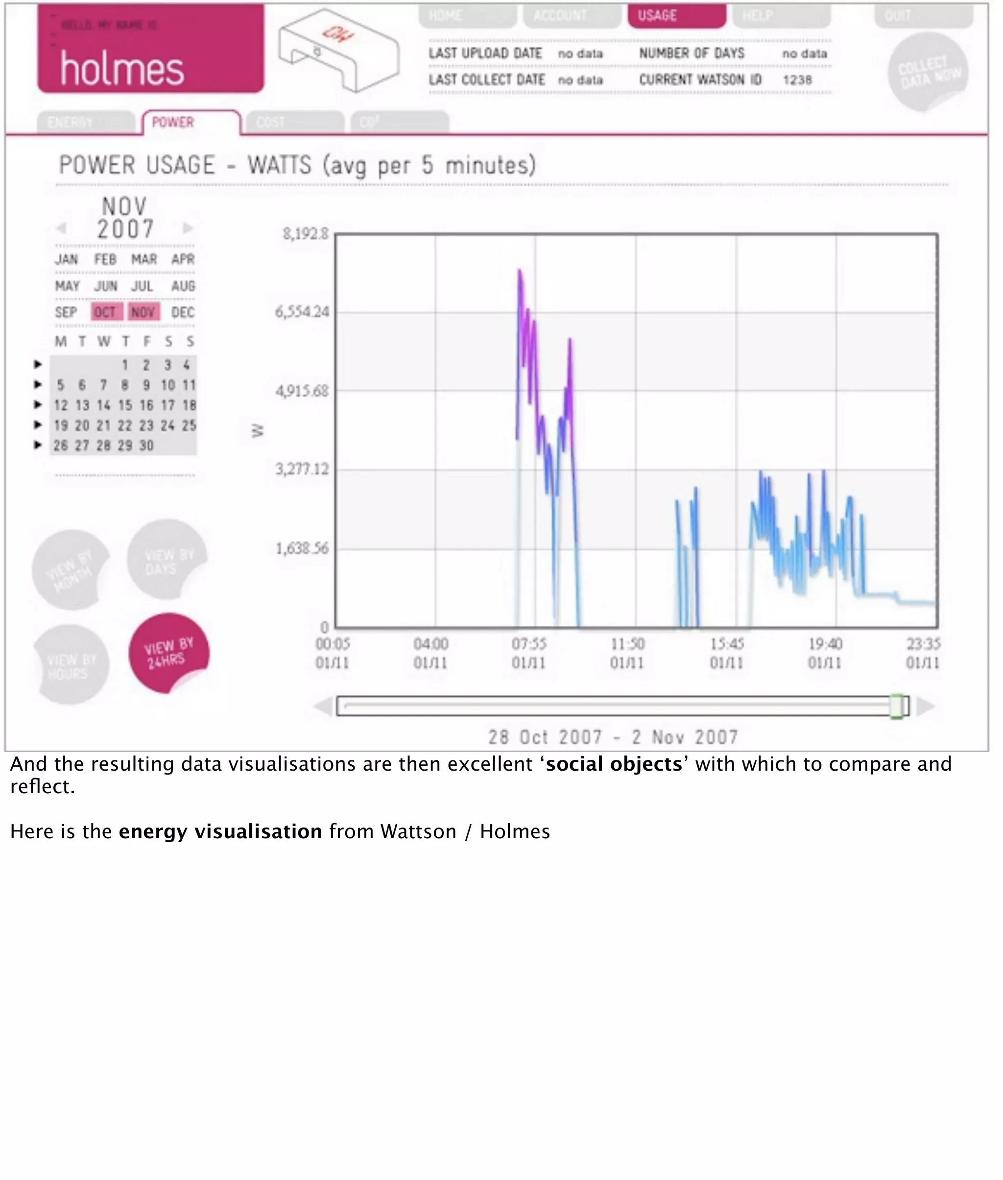 And the resulting data visualisations are then excellent ‘social objects’ with which to compare and
reﬂect.

Here is the energy visualisation from Wattson / Holmes
 