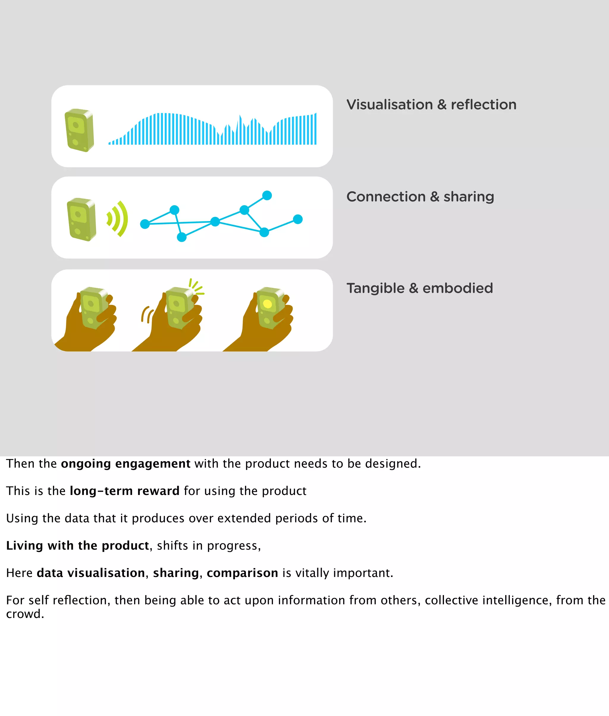 Visualisation & reflection




                                                            Connection & sharing




                                                            Tangible & embodied




Then the ongoing engagement with the product needs to be designed.

This is the long-term reward for using the product

Using the data that it produces over extended periods of time.

Living with the product, shifts in progress,

Here data visualisation, sharing, comparison is vitally important.

For self reﬂection, then being able to act upon information from others, collective intelligence, from the
crowd.
 