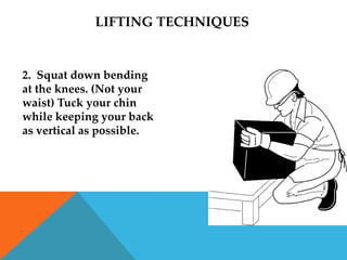LIFTING TECHNIQUES


2. Squat down bending
at the knees. (Not your
waist) Tuck your chin
while keeping your back
as vertical as possible.
 