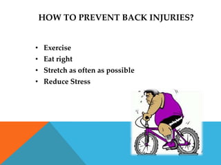 HOW TO PREVENT BACK INJURIES?


• Exercise
• Eat right
• Stretch as often as possible
• Reduce Stress
 