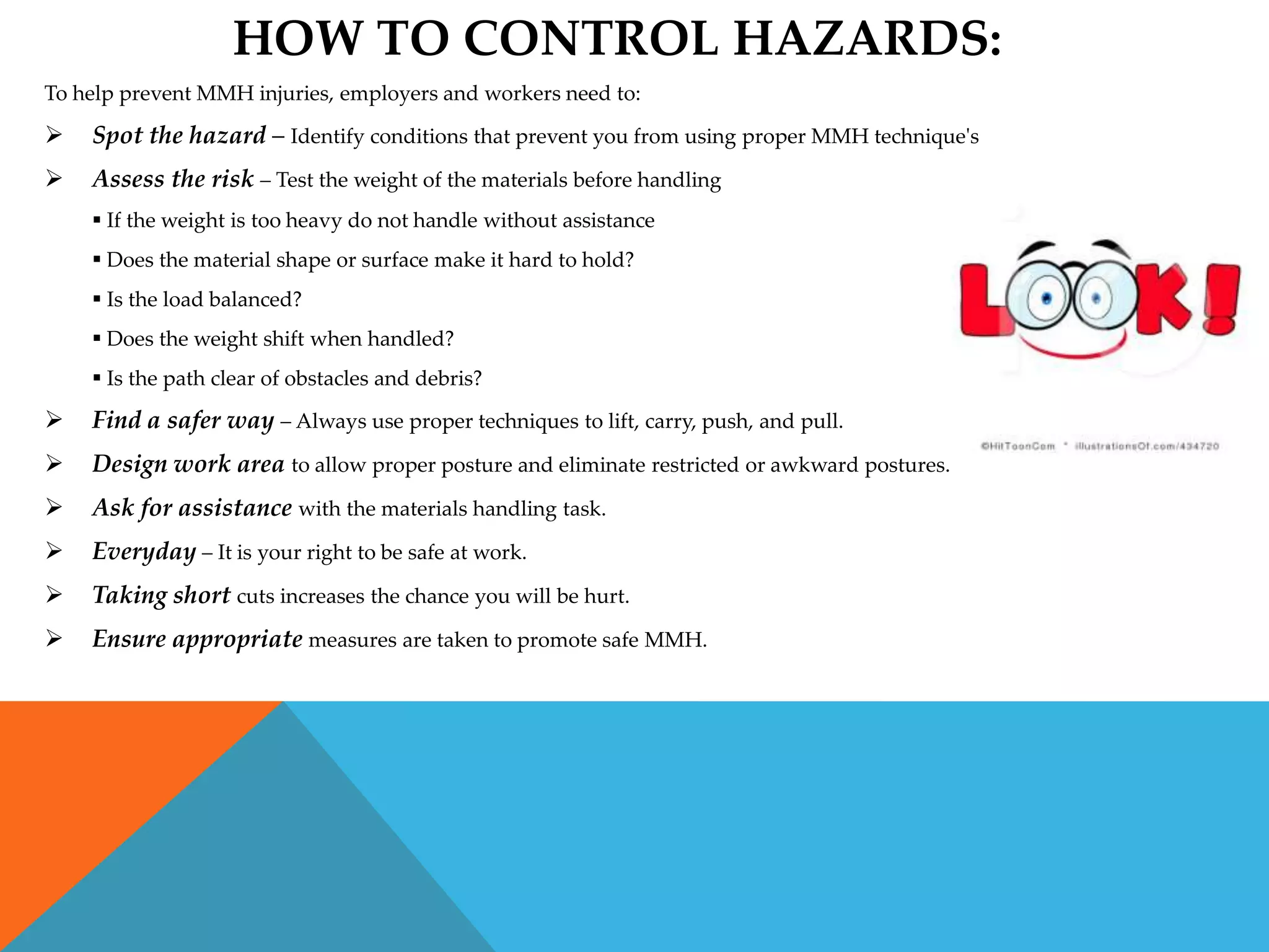 HOW TO CONTROL HAZARDS:
To help prevent MMH injuries, employers and workers need to:

   Spot the hazard – Identify conditions that prevent you from using proper MMH technique's
   Assess the risk – Test the weight of the materials before handling
     If the weight is too heavy do not handle without assistance
     Does the material shape or surface make it hard to hold?
     Is the load balanced?
     Does the weight shift when handled?
     Is the path clear of obstacles and debris?

   Find a safer way – Always use proper techniques to lift, carry, push, and pull.
   Design work area to allow proper posture and eliminate restricted or awkward postures.
   Ask for assistance with the materials handling task.
   Everyday – It is your right to be safe at work.
   Taking short cuts increases the chance you will be hurt.
   Ensure appropriate measures are taken to promote safe MMH.
 