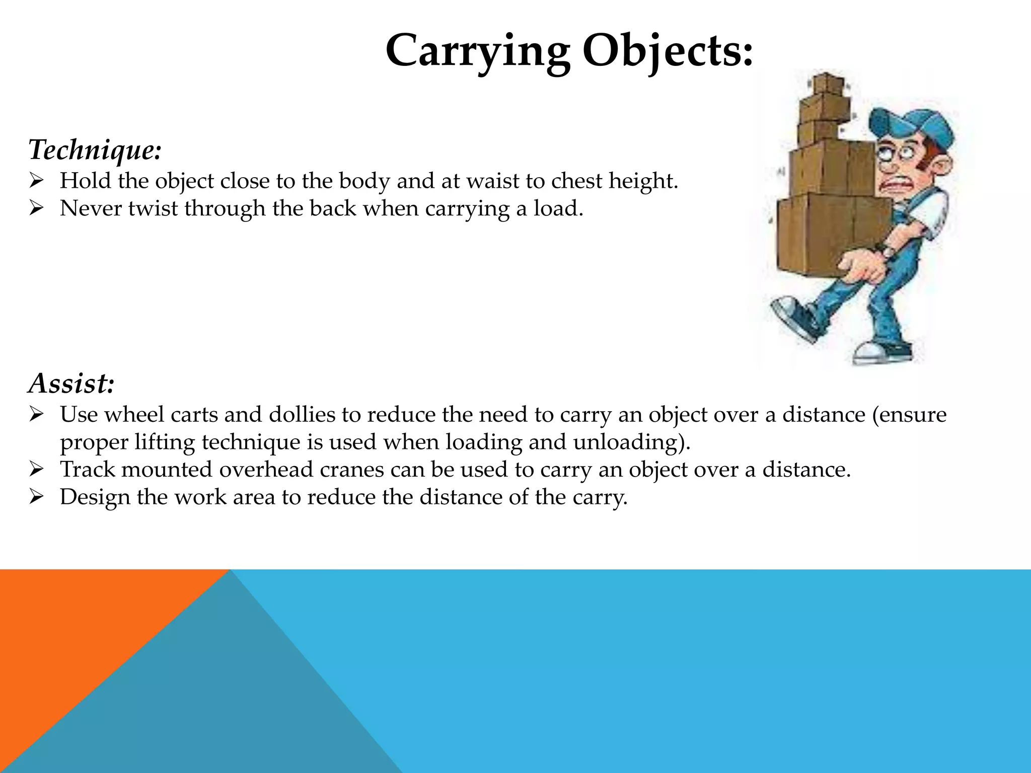 Carrying Objects:

Technique:
 Hold the object close to the body and at waist to chest height.
 Never twist through the back when carrying a load.




Assist:
 Use wheel carts and dollies to reduce the need to carry an object over a distance (ensure
  proper lifting technique is used when loading and unloading).
 Track mounted overhead cranes can be used to carry an object over a distance.
 Design the work area to reduce the distance of the carry.
 