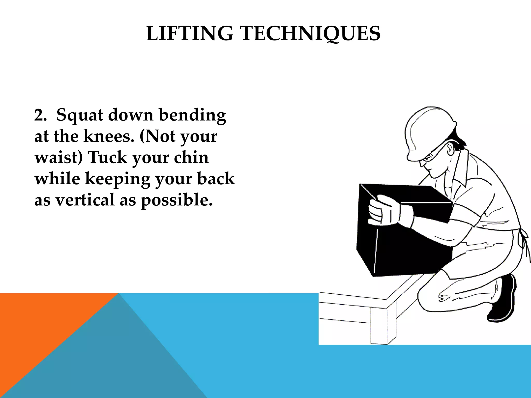 LIFTING TECHNIQUES


2. Squat down bending
at the knees. (Not your
waist) Tuck your chin
while keeping your back
as vertical as possible.
 
