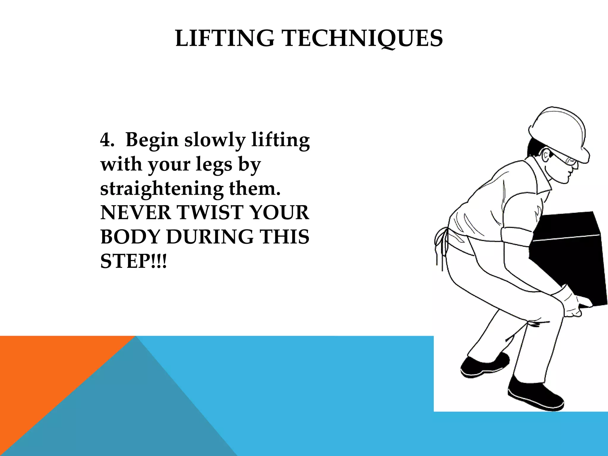 LIFTING TECHNIQUES



4. Begin slowly lifting
with your legs by
straightening them.
NEVER TWIST YOUR
BODY DURING THIS
STEP!!!
 