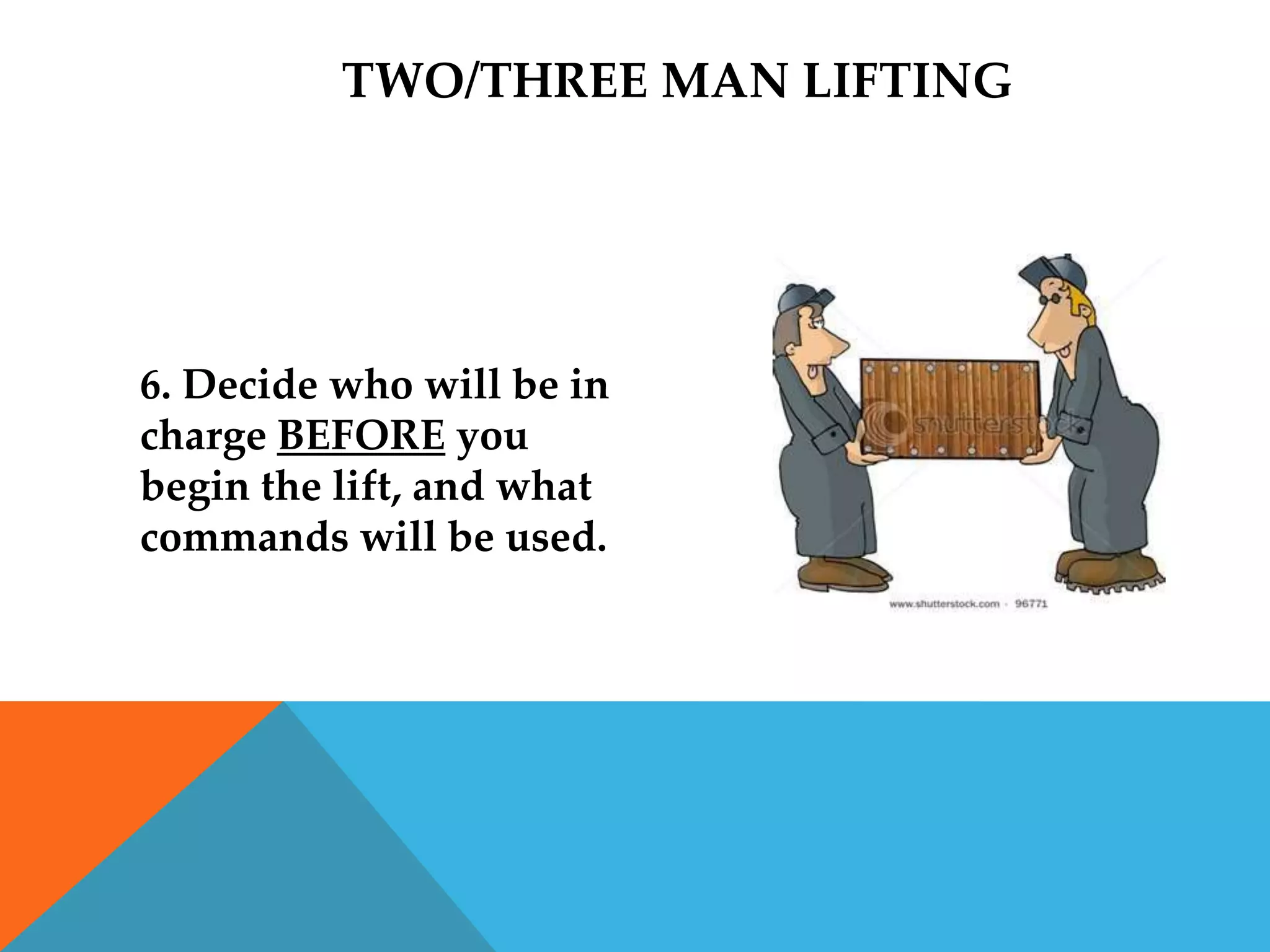 TWO/THREE MAN LIFTING




6. Decide who will be in
charge BEFORE you
begin the lift, and what
commands will be used.
 