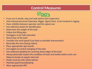 Control Measures
DO’s
• If you are in doubt, stop and seek advice from supervisor.
• Only trained personnel (Operator, Rigger, Signal Man) to be involved in rigging
• Clear visibility between operator and the signal man
• Use reflective jacket for identification
• Determine the weight of the load
• Follow the lifting plan
• Outriggers to be fully extended
• Stand clear of the load
• Consider the wind speed (Use fixed or portable Anemometer)
• Barricade the area (Swing radius)
• Place appropriate sign boards
• Use tagline to control swinging of the load
• Use softeners/padding for covering sharp edges of the load
• Always physically inspect the condition of tools and tackles before each use
Observe breaks at regular intervals
• Hooks must be with safety latches
• Maintain good housekeeping
• Wear appropriate PPE
 