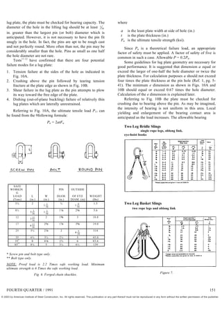 lug plate, the plate must be checked for bearing capacity. The
diameter of the hole in the lifting lug should be at least 1
16
in. greater than the largest pin (or bolt) diameter which is
anticipated. However, it is not necessary to have the pin fit
snugly in the hole. In fact, the pins are apt to be rough cast
and not perfectly round. More often than not, the pin may be
considerably smaller than the hole. Pins as small as one half
the hole diameter are not rare.
Tests11.12
have confirmed that there are four potential
failure modes for a lug plate:
1. Tension failure at the sides of the hole as indicated in
Fig. 10A.
2. Crushing above the pin followed by tearing tension
fracture at the plate edge as shown in Fig. 10B.
3. Shear failure in the lug plate as the pin attempts to plow
its way toward the free edge of the plate.
4. Dishing (out-of-plane buckling) failure of relatively thin
lug plates which are laterally unrestrained.
Referring to Fig. 10A, the ultimate tensile load P11 can
be found from the 9following formula:
Pu = 2atFu
SAFE
WORKIN
G
PIN OUTSIDE
LOAD L W DIAM. OF EYE WEIGHT
(Tons) (in.) (in.) (in.) DIAM. (in) (lbs)
3¼ 2
1 1
16
¾
1 9
16
1.5
8½
3 3
16
1 1
16
1 2 5.6
12
3 15
16
2 1 3 10.8
17
4 13
16
2 1 3 19.0
25 5¾ 2 2
4
5
16
314
35 6¾ 3¼ 2¼ 5 45.0
55*
8 4 2¾ 6 83.6
85**
8½ 5 3¼ 6½ 139
* Screw pin and bolt type only.
** Bolt type only.
NOTE: Proof load is 2.2 Times safe working load. Minimum
ultimate strength is 6 Times the safe working load.
Fig. 6. Forged chain shackles.
where
a is the least plate width at side of hole (in.)
t is the plate thickness (in.)
Fu is the ultimate tensile strength (ksi).
Since Pu is a theoretical failure load, an appropriate
factor of safety must be applied. A factor of safety of five is
common in such a case. Allowable P = 0.2Pu.
Some guidelines for lug plate geometry are necessary for
good performance. It is suggested that dimension a equal or
exceed the larger of one-half the hole diameter or twice the
plate thickness. For calculation purposes a should not exceed
four times the plate thickness at the pin hole (Ref. 1, pg. 5-
41). The minimum e dimension as shown in Figs. 10A and
10B should equal or exceed 0.67 times the hole diameter.
Calculation of the e dimension is explained later.
Referring to Fig. 10B the plate must be checked for
crushing due to bearing above the pin. As may be imagined,
the intensity of bearing is not uniform in this area. Local
yielding and enlargement of the bearing contact area is
anticipated as the load increases. The allowable bearing
Two Leg Bridle Slings
single rope legs, oblong link.
eye-hoist hooks
Two Leg Basket Slings
two rope legs and oblong link
Figure 7.
FOURTH QUARTER / 1991 151
© 2003 by American Institute of Steel Construction, Inc. All rights reserved. This publication or any part thereof must not be reproduced in any form without the written permission of the publisher.
 