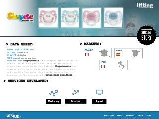 > MARKETS:> DATA SHEET:
> SERVICES DEVELOPED:
FOUNDATION YEAR: 2014
SECTOR: Ecommerce
CHANNELS: Online
WEB: www.chupetemania.com
DESCRIPTION: Chupetemania is a company specializing in
the online sale of pacifiers, bottles and original
custom made accessories for babies. Chupetemania was
founded with a very clear idea: each baby is unique
and special, therefore they decide to base the
business in the creation of custom made pacifiers.
 