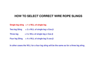 HOW TO SELECT CORRECT WIRE ROPE SLINGS 
Single leg sling = 1 x WLL of single leg 
Two leg Sling = 2 x WLL of single leg x Cos  
Three leg = 3 x WLL of single leg x Cos  
Four leg Sling = 4 x WLL of single leg X cos  
In other cases the WLL for a four leg sling will be the same as for a three leg sling. 
 