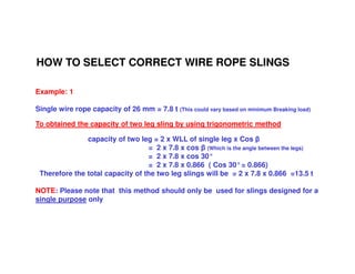 HOW TO SELECT CORRECT WIRE ROPE SLINGS 
Example: 1 
Single wire rope capacity of 26 mm = 7.8 t (This could vary based on minimum Breaking load) 
To obtained the capacity of two leg sling by using trigonometric method 
capacity of two leg = 2 x WLL of single leg x Cos  
= 2 x 7.8 x cos  (Which is the angle between the legs) 
= 2 x 7.8 x cos 30° 
= 2 x 7.8 x 0.866 ( Cos 30°= 0.866) 
Therefore the total capacity of the two leg slings will be = 2 x 7.8 x 0.866 =13.5 t 
NOTE: Please note that this method should only be used for slings designed for a 
single purpose only 
 