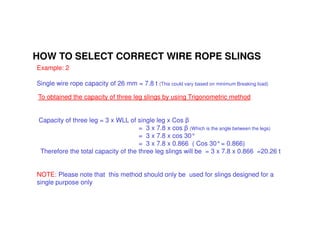 HOW TO SELECT CORRECT WIRE ROPE SLINGS 
Example: 2 
Single wire rope capacity of 26 mm = 7.8 t (This could vary based on minimum Breaking load) 
To obtained the capacity of three leg slings by using Trigonometric method 
Capacity of three leg = 3 x WLL of single leg x Cos  
= 3 x 7.8 x cos  (Which is the angle between the legs) 
= 3 x 7.8 x cos 30° 
= 3 x 7.8 x 0.866 ( Cos 30°= 0.866) 
Therefore the total capacity of the three leg slings will be = 3 x 7.8 x 0.866 =20.26 t 
NOTE: Please note that this method should only be used for slings designed for a 
single purpose only 
 