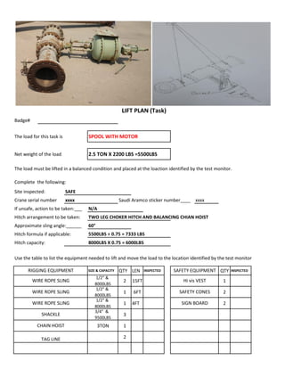 Badge#
The load for this task is SPOOL WITH MOTOR
Net weight of the load 2.5 TON X 2200 LBS =5500LBS
The load must be lifted in a balanced condition and placed at the loaction identified by the test monitor.
Complete the following:
Site inspected: SAFE
Crane serial number xxxx Saudi Aramco sticker number____ xxxx
If unsafe, action to be taken:___ N/A
Hitch arrangement to be taken: TWO LEG CHOKER HITCH AND BALANCING CHIAN HOIST
Approximate sling angle:______ 60°
Hitch formula if applicable: 5500LBS ÷ 0.75 = 7333 LBS
Hitch capacity: 8000LBS X 0.75 = 6000LBS
Use the table to list the equipment needed to lift and move the load to the location identified by the test monitor
SIZE & CAPACITY QTY LEN INSPECTED QTY INSPECTED
1/2" &
8000LBS
2 15FT 1
1/2" &
8000LBS
1 6FT 2
1/2" &
8000LBS
1 4FT 2
3/4" &
9500LBS
3
3TON 1
2
WIRE ROPE SLING SAFETY CONES
LIFT PLAN (Task)
RIGGING EQUIPMENT SAFETY EQUIPMENT
WIRE ROPE SLING Hi vis VEST
TAG LINE
WIRE ROPE SLING SIGN BOARD
SHACKLE
CHAIN HOIST
 