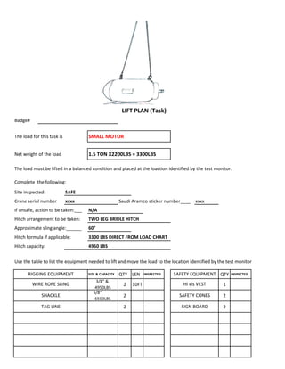 Badge#
The load for this task is SMALL MOTOR
Net weight of the load 1.5 TON X2200LBS = 3300LBS
The load must be lifted in a balanced condition and placed at the loaction identified by the test monitor.
Complete the following:
Site inspected: SAFE
Crane serial number xxxx Saudi Aramco sticker number____ xxxx
If unsafe, action to be taken:___ N/A
Hitch arrangement to be taken: TWO LEG BRIDLE HITCH
Approximate sling angle:______ 60°
Hitch formula if applicable: 3300 LBS DIRECT FROM LOAD CHART
Hitch capacity: 4950 LBS
Use the table to list the equipment needed to lift and move the load to the location identified by the test monitor
SIZE & CAPACITY QTY LEN INSPECTED QTY INSPECTED
3/8" &
4950LBS
2 10FT 1
5/8"
6500LBS
2 2
2 2
SHACKLE SAFETY CONES
LIFT PLAN (Task)
RIGGING EQUIPMENT SAFETY EQUIPMENT
WIRE ROPE SLING Hi vis VEST
TAG LINE SIGN BOARD
 