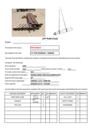 Badge#
The load for this task is PIPE BENDLE
Net weight of the load 1.5 TON X2200LBS = 3300LBS
The load must be lifted in a balanced condition and placed at the loaction identified by the test monitor.
Complete the following:
Site inspected: SAFE
Crane serial number xxxx Saudi Aramco sticker number____ xxxx
If unsafe, action to be taken:___ N/A
Hitch arrangement to be taken: DOUBLE WRAP TWO LEG CHOKER HITCH
Approximate sling angle:______ 60°
Hitch formula if applicable: 3300LBS ÷ 0.75 = 4400 LBS
Hitch capacity: 4950LBS X 0.75 = 3712LBS
Use the table to list the equipment needed to lift and move the load to the location identified by the test monitor
SIZE & CAPACITY QTY LEN INSPECTED QTY INSPECTED
3/8" &
4950LBS
2 15FT 1
5/8"
6500LBS
2 2
2 2
SHACKLE SAFETY CONES
LIFT PLAN (Task)
RIGGING EQUIPMENT SAFETY EQUIPMENT
WIRE ROPE SLING Hi vis VEST
TAG LINE SIGN BOARD
 