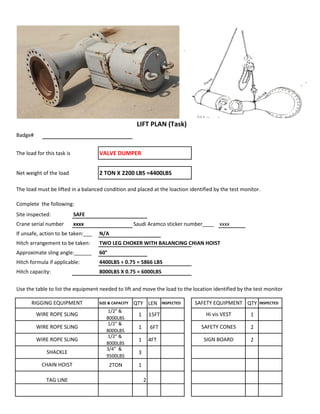 Badge#
The load for this task is VALVE DUMPER
Net weight of the load 2 TON X 2200 LBS =4400LBS
The load must be lifted in a balanced condition and placed at the loaction identified by the test monitor.
Complete the following:
Site inspected: SAFE
Crane serial number xxxx Saudi Aramco sticker number____ xxxx
If unsafe, action to be taken:___ N/A
Hitch arrangement to be taken: TWO LEG CHOKER WITH BALANCING CHIAN HOIST
Approximate sling angle:______ 60°
Hitch formula if applicable: 4400LBS ÷ 0.75 = 5866 LBS
Hitch capacity: 8000LBS X 0.75 = 6000LBS
Use the table to list the equipment needed to lift and move the load to the location identified by the test monitor
SIZE & CAPACITY QTY LEN INSPECTED QTY INSPECTED
1/2" &
8000LBS
1 15FT 1
1/2" &
8000LBS
1 6FT 2
1/2" &
8000LBS
1 4FT 2
3/4" &
9500LBS
3
2TON 1
2
WIRE ROPE SLING SAFETY CONES
LIFT PLAN (Task)
RIGGING EQUIPMENT SAFETY EQUIPMENT
WIRE ROPE SLING Hi vis VEST
TAG LINE
WIRE ROPE SLING SIGN BOARD
SHACKLE
CHAIN HOIST
 