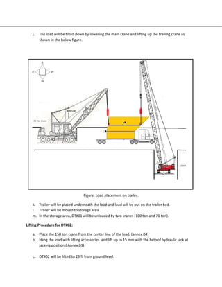 j. The load will be tilted down by lowering the main crane and lifting up the trailing crane as
shown in the below figure.
Figure: Load placement on trailer.
k. Trailer will be placed underneath the load and load will be put on the trailer bed.
l. Trailer will be moved to storage area.
m. In the storage area, DT#01 will be unloaded by two cranes (100 ton and 70 ton).
Lifting Procedure for DT#02:
a. Place the 150 ton crane from the center line of the load. (annex:04)
b. Hang the load with lifting accessories and lift up to 15 mm with the help of hydraulic jack at
jacking position.( Annex:01)
c. DT#02 will be lifted to 25 ft from ground level.
 