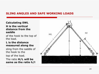 SLING ANGLES AND SAFE WORKING LOADS Calculating SWL H is the vertical distance from the saddle of the hook to the top of the load. L is the distance measured along the sling from the saddle of the hook to the top of the load. The ratio  H/L will be same as the ratio h/l 