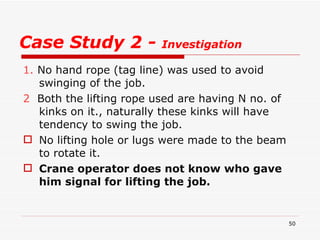 Case Study 2 -  Investigation 1.  No hand rope (tag line) was used to avoid swinging of the job. 2   Both the lifting rope used are having N no. of kinks on it., naturally these kinks will have tendency to swing the job.  No lifting hole or lugs were made to the beam to rotate it. Crane operator does not know who gave him signal for lifting the job. 