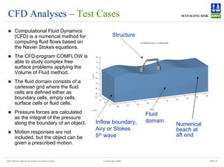 DNV Marine Operations' Rules for Subsea Lifting Slide 37
2 December 2008
CFD Analyses – Test Cases
„ Computational Fluid Dynamics
(CFD) is a numerical method for
computing fluid flows based on
the Navier Stokes equations.
„ The CFD-program COMFLOW is
able to study complex free
surface problems applying the
Volume of Fluid method.
„ The fluid domain consists of a
cartesian grid where the fluid
cells are defined either as
boundary cells, empty cells,
surface cells or fluid cells.
„ Pressure forces are calculated
as the integral of the pressure
along the boundary of an object.
„ Motion responses are not
included, but the object can be
given a prescribed motion.
Structure
Fluid
domain
Inflow boundary,
Airy or Stokes
5th wave
Numerical
beach at
aft end
 