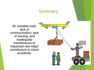 Summary
4
6
An unstable load,
lack of
communication, lack
of training, and
inadequate
maintenance or
inspection are major
contributors to crane
accidents.
 